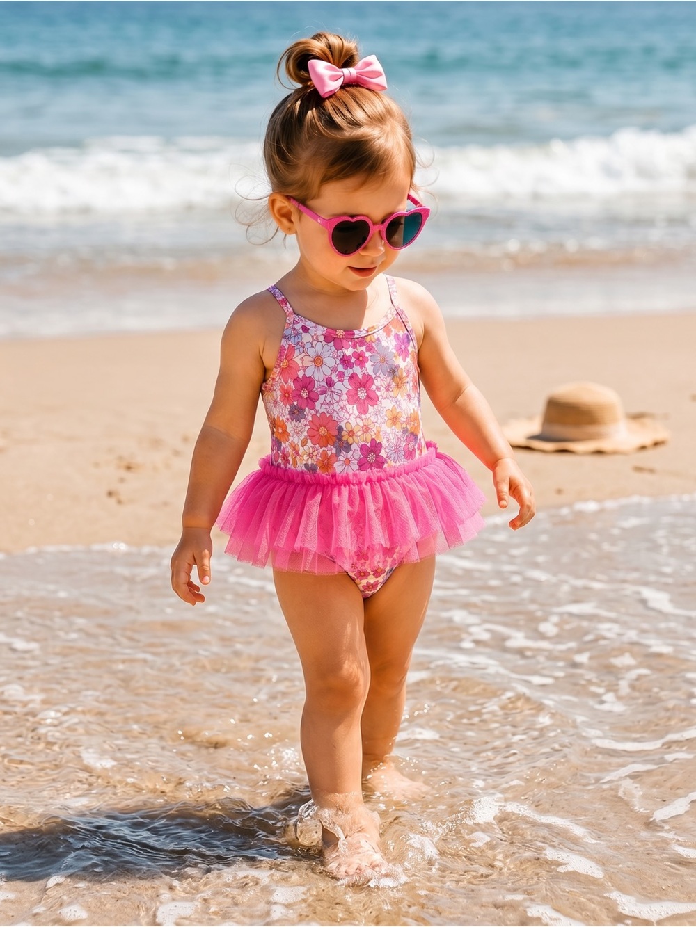 Penelope Mack Toddler Floral Tutu Swimsuit + Pink Heart Sunglasses Set 2T
